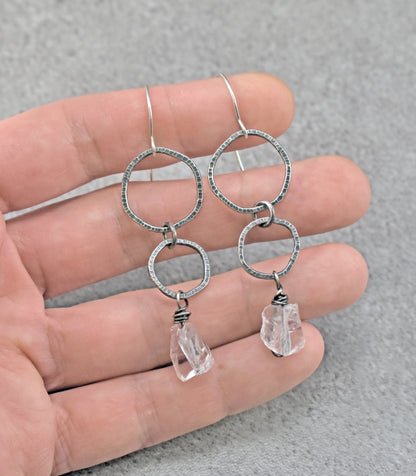Long Raw Quartz and Sterling Silver Circle Earrings, Organic Unusual Gemstone Artisan Jewelry