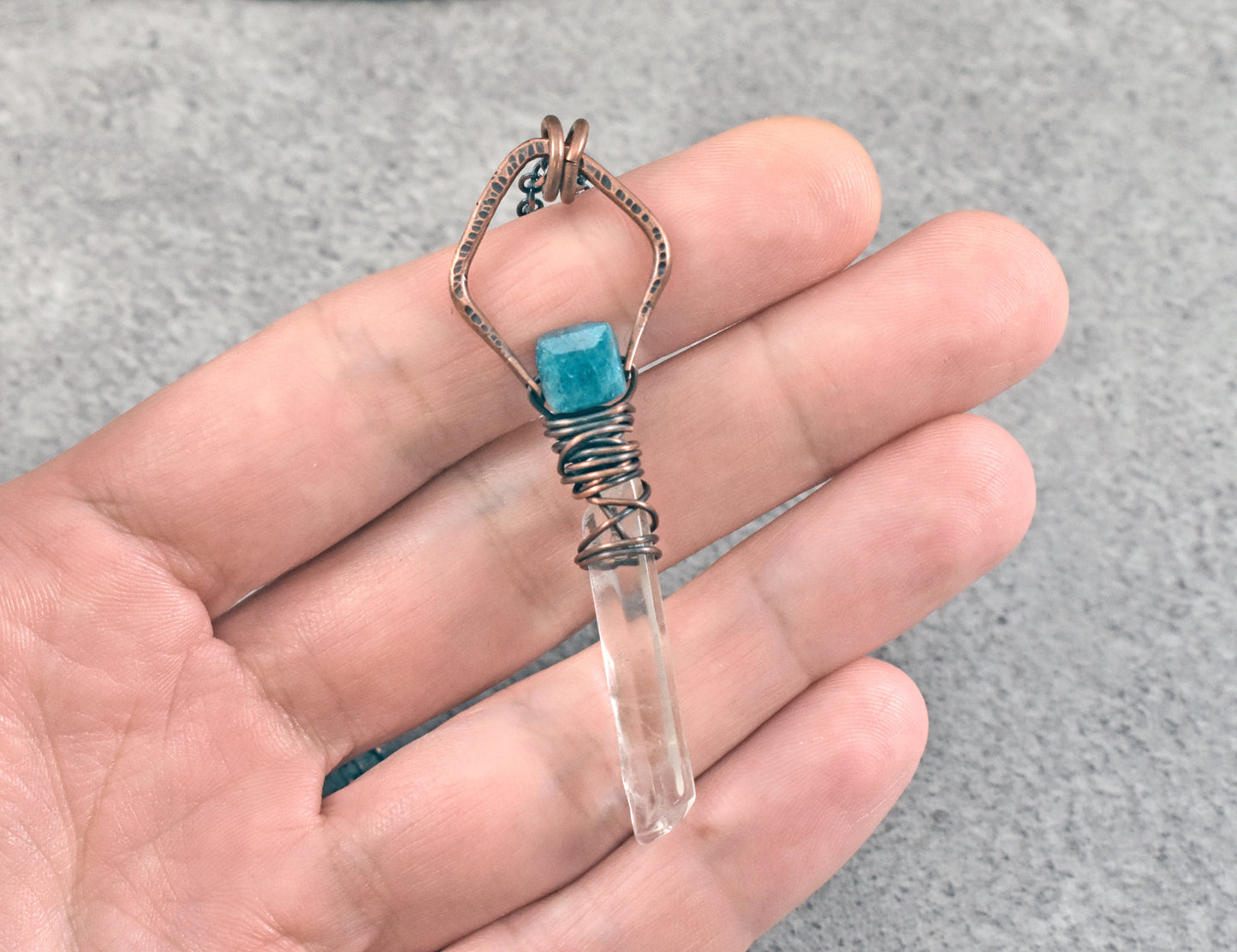 Long Apatite, Quartz Crystal and Copper Wire Wrap Necklace, Artisan Blue Gemstone Handmade Jewelry