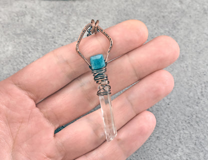 Long Apatite, Quartz Crystal and Copper Wire Wrap Necklace, Artisan Blue Gemstone Handmade Jewelry