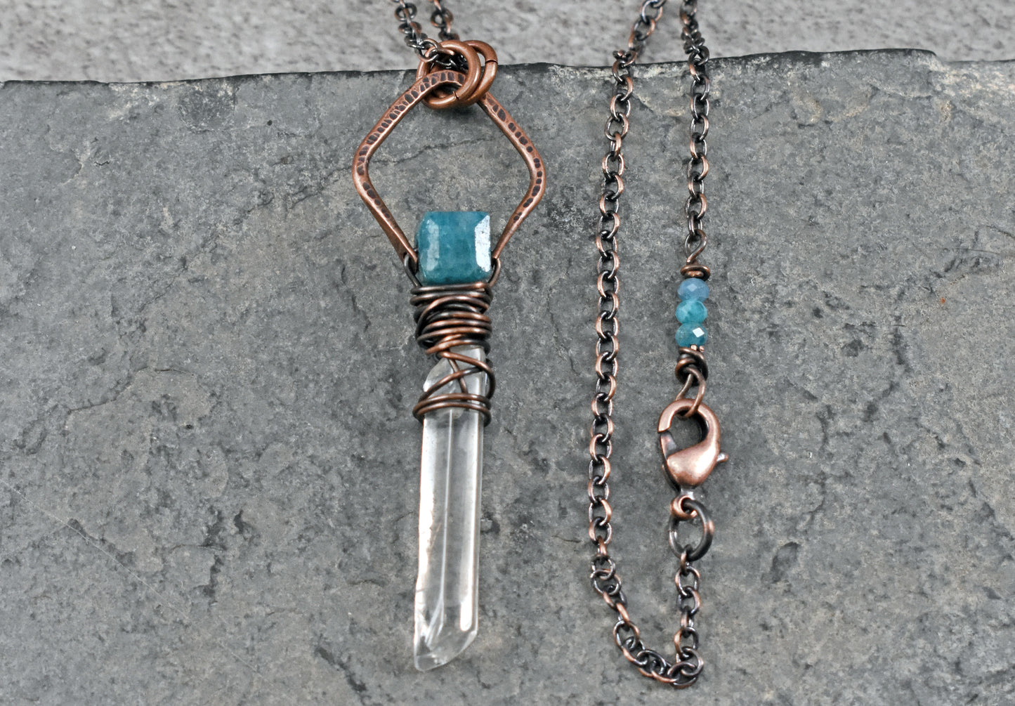 Long Apatite, Quartz Crystal and Copper Wire Wrap Necklace, Artisan Blue Gemstone Handmade Jewelry