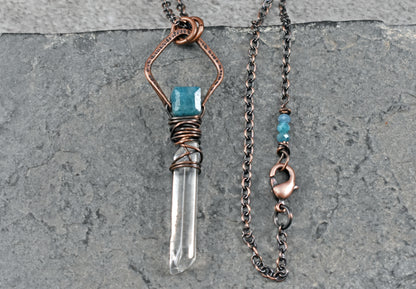 Long Apatite, Quartz Crystal and Copper Wire Wrap Necklace, Artisan Blue Gemstone Handmade Jewelry