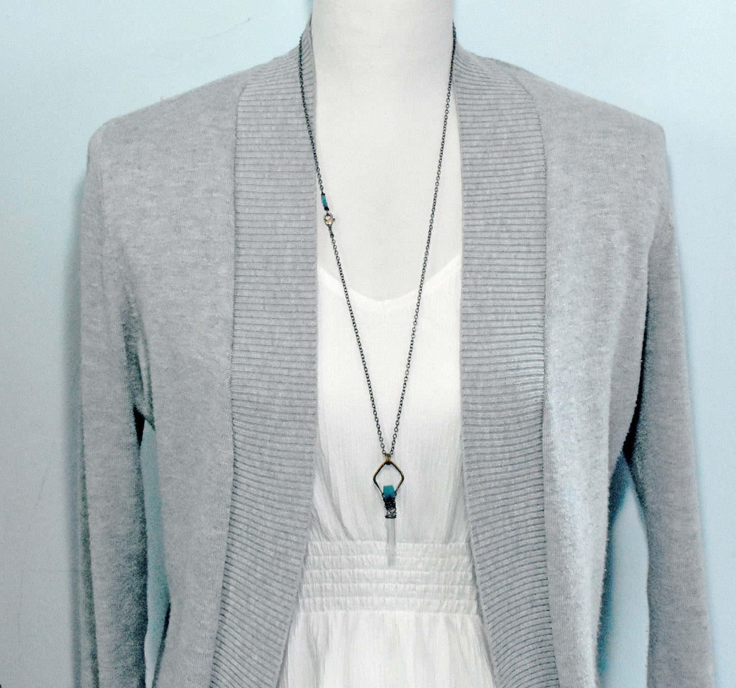 Long Apatite, Quartz Crystal and Copper Wire Wrap Necklace, Artisan Blue Gemstone Handmade Jewelry