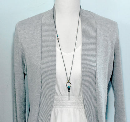 Long Apatite, Quartz Crystal and Copper Wire Wrap Necklace, Artisan Blue Gemstone Handmade Jewelry