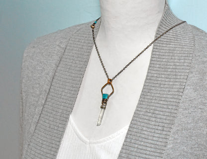 Long Apatite, Quartz Crystal and Copper Wire Wrap Necklace, Artisan Blue Gemstone Handmade Jewelry