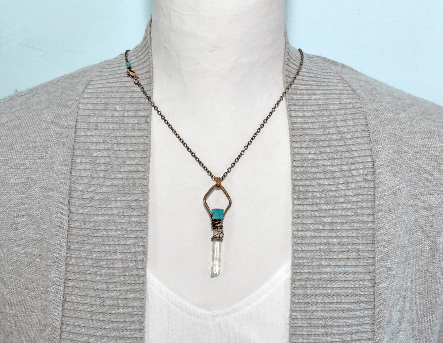 Long Apatite, Quartz Crystal and Copper Wire Wrap Necklace, Artisan Blue Gemstone Handmade Jewelry