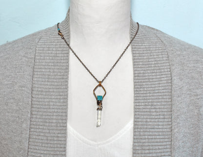 Long Apatite, Quartz Crystal and Copper Wire Wrap Necklace, Artisan Blue Gemstone Handmade Jewelry
