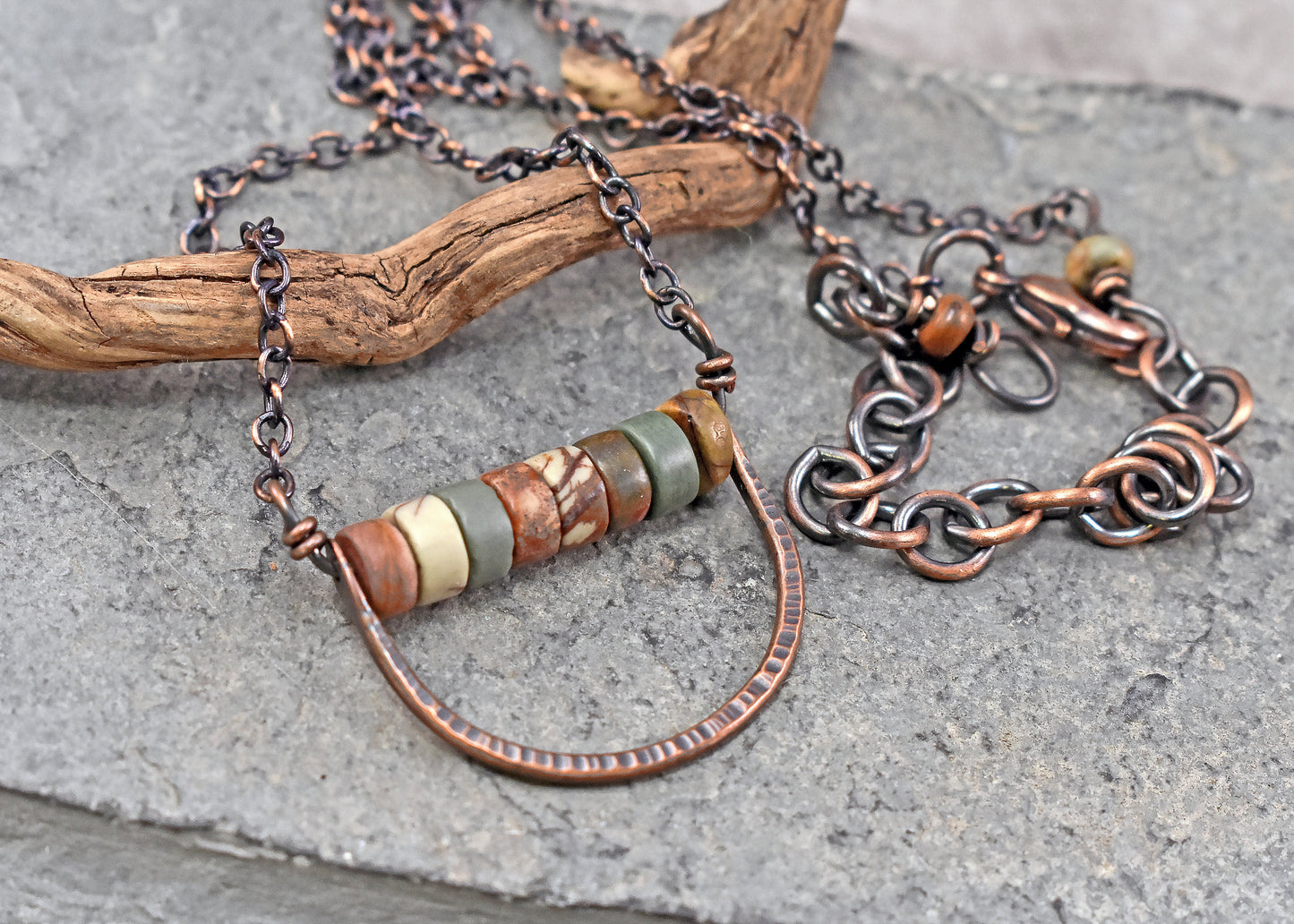 Red Creek Jasper and Copper Wire Necklace, Artisan Handmade Jewelry