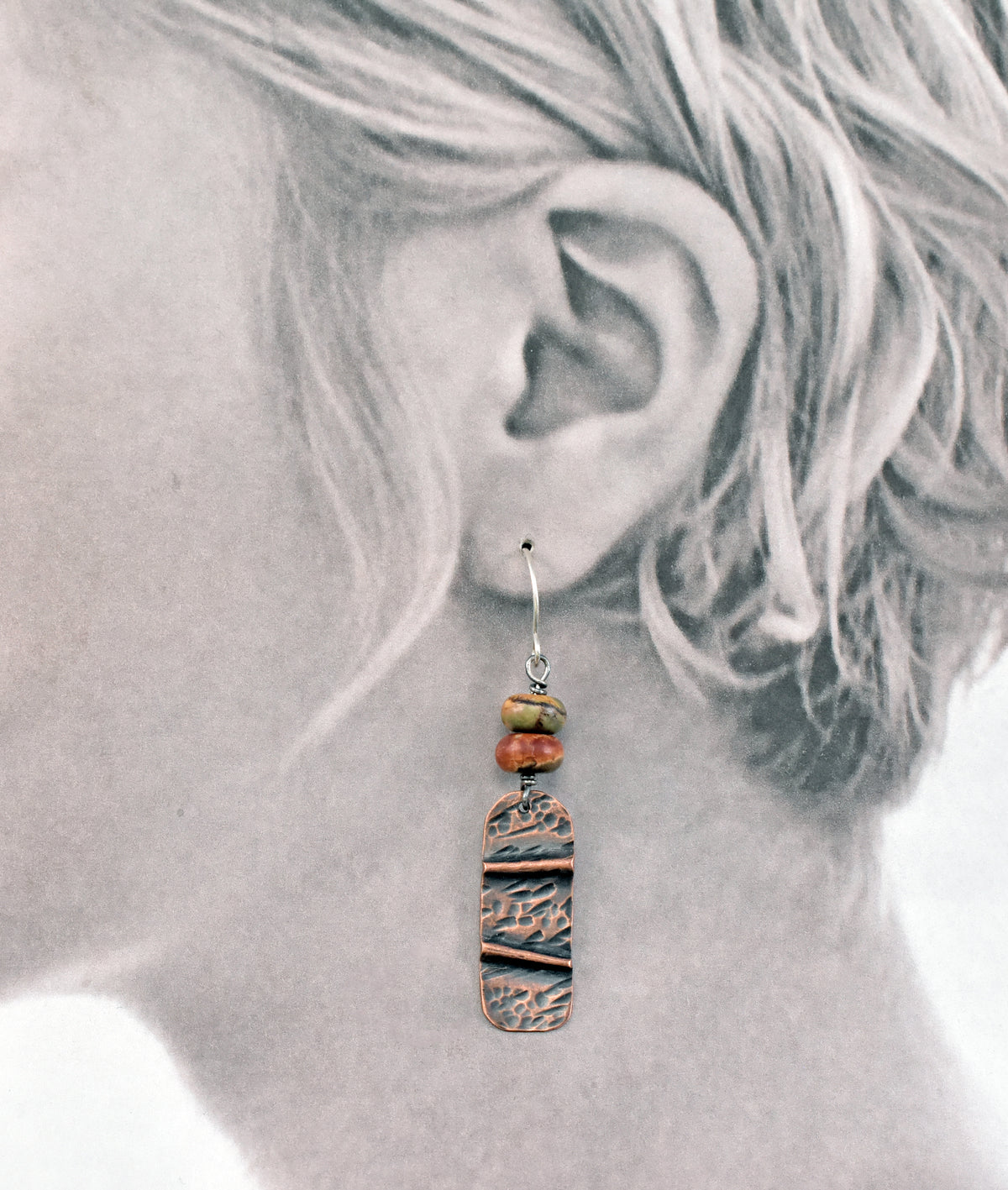 Red Creek Jasper Copper Foldformed Earrings, Rustic Mixed Metal Artisan Jewelry, Sterling Silver Ear Wires