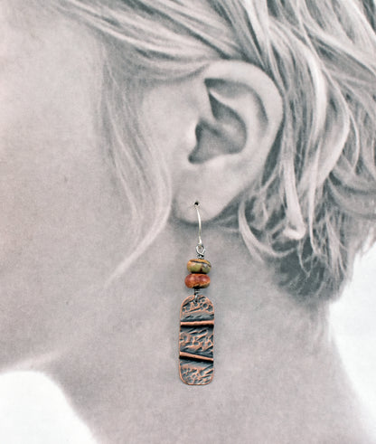 Red Creek Jasper Copper Foldformed Earrings, Rustic Mixed Metal Artisan Jewelry, Sterling Silver Ear Wires