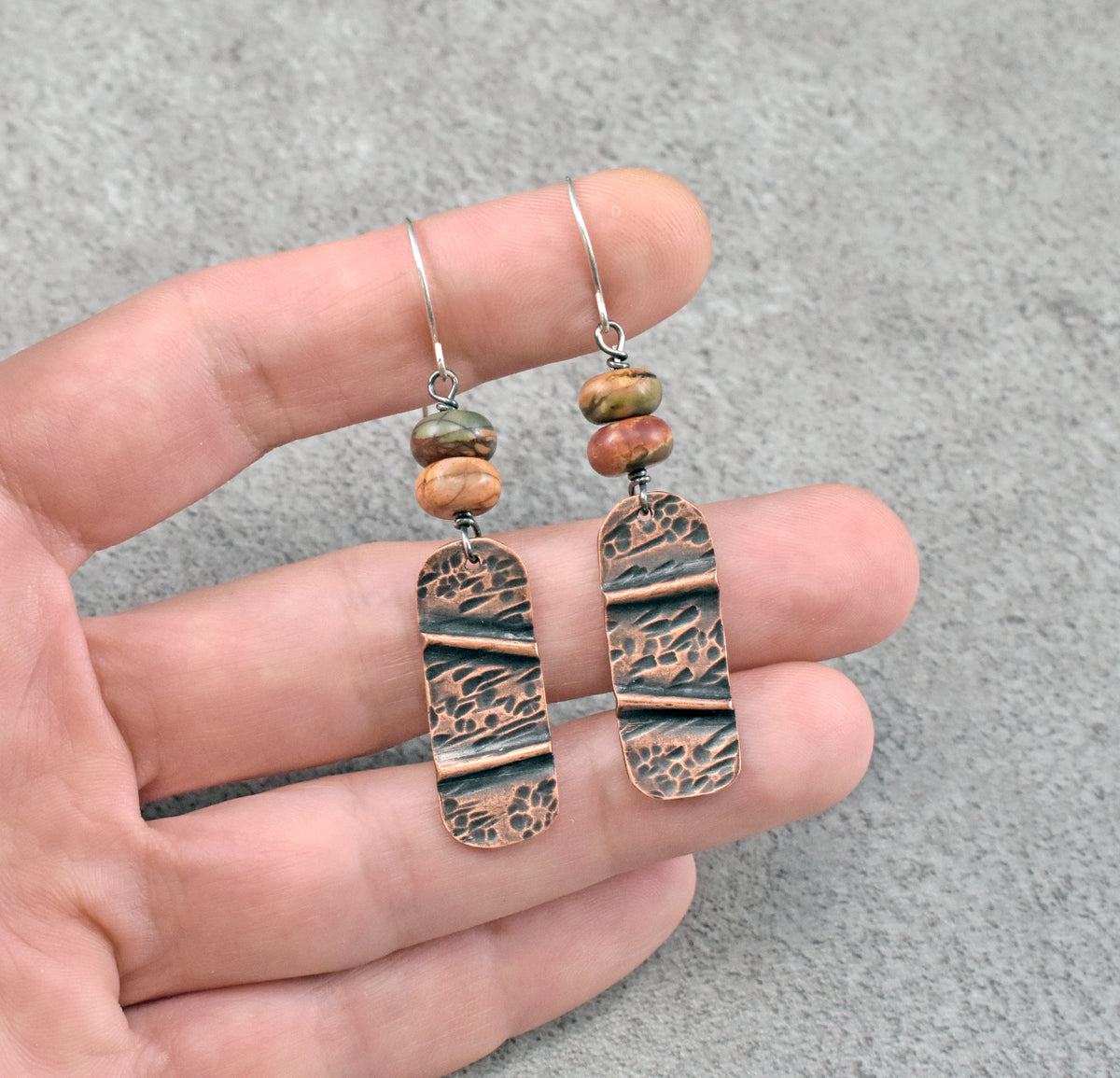 Red Creek Jasper Copper Foldformed Earrings, Rustic Mixed Metal Artisan Jewelry, Sterling Silver Ear Wires