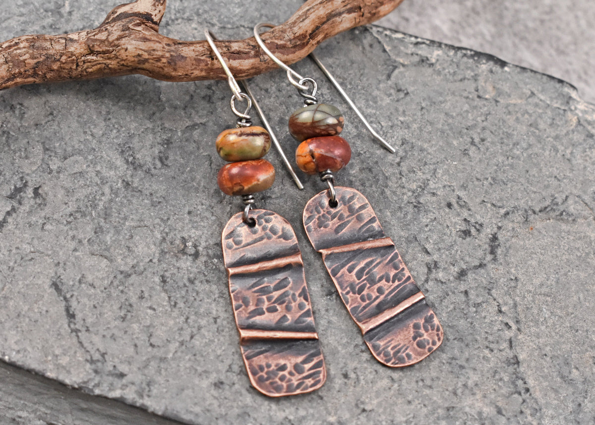 Red Creek Jasper Copper Foldformed Earrings, Rustic Mixed Metal Artisan Jewelry, Sterling Silver Ear Wires
