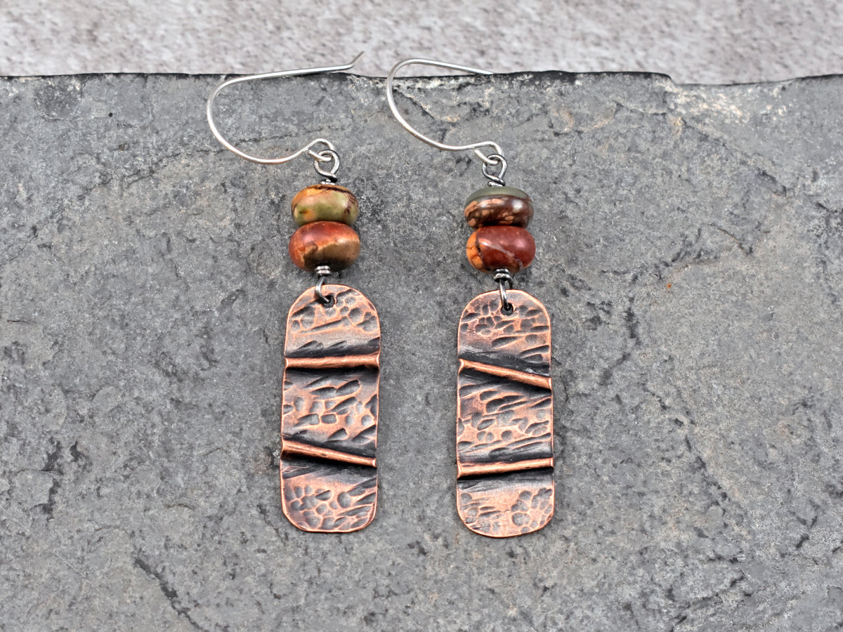 Red Creek Jasper Copper Foldformed Earrings, Rustic Mixed Metal Artisan Jewelry, Sterling Silver Ear Wires