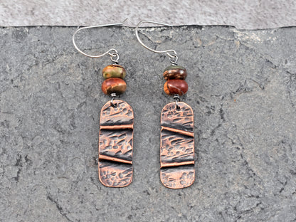 Red Creek Jasper Copper Foldformed Earrings, Rustic Mixed Metal Artisan Jewelry, Sterling Silver Ear Wires