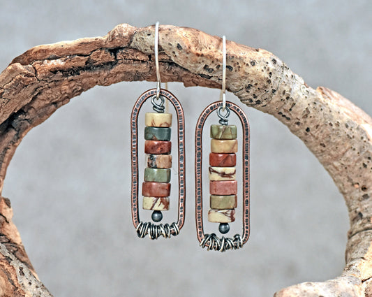 Red Creek Jasper Earrings, Natural Earthy Stone Dangles, Rustic Copper Jewelry, Fall Color, Mixed Metal, Sterling Silver