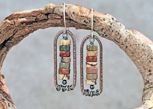 Red Creek Jasper Earrings, Natural Earthy Stone Dangles, Rustic Copper Jewelry, Fall Color, Mixed Metal, Sterling Silver