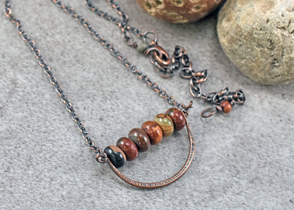 Red Creek Jasper and Copper Necklace, Hammered Copper Wire Pendant, Unique Fall Color Jewelry