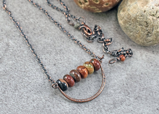 Red Creek Jasper and Copper Necklace, Hammered Copper Wire Pendant, Unique Fall Color Jewelry