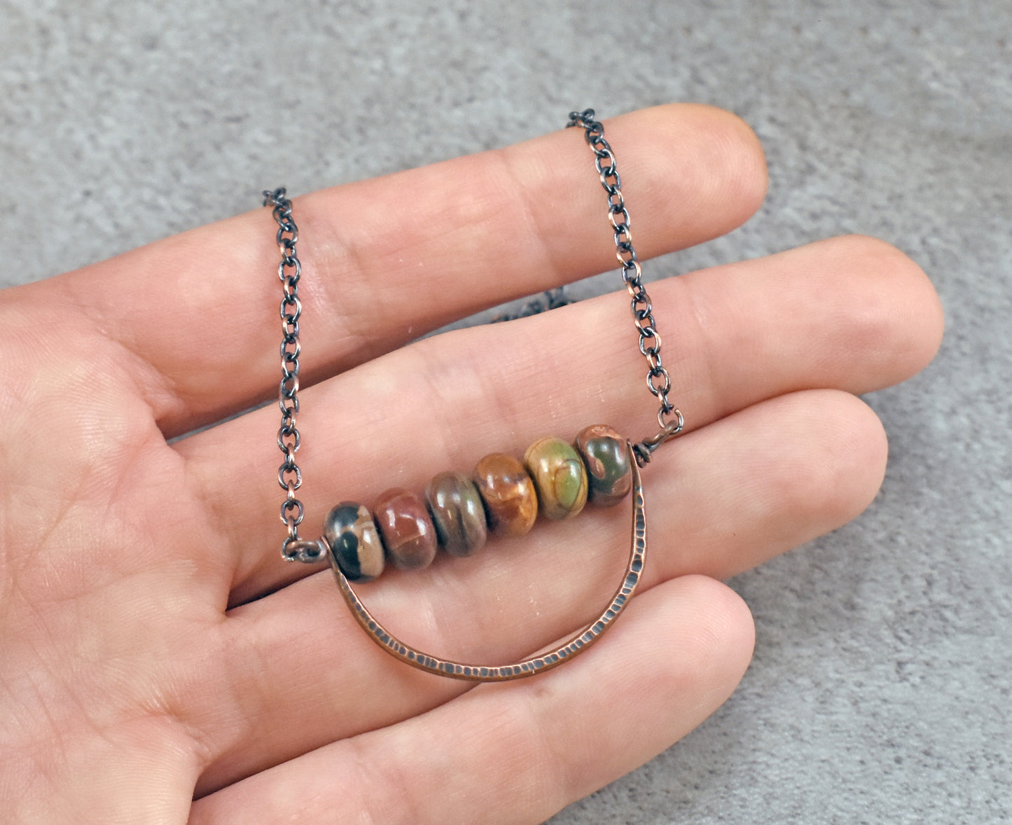 Red Creek Jasper and Copper Necklace, Hammered Copper Wire Pendant, Unique Fall Color Jewelry