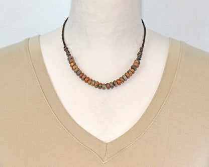 Red Creek Jasper, Leather and Copper Necklace, Natural Earthy Stone, Rustic Artisan Jewelry
