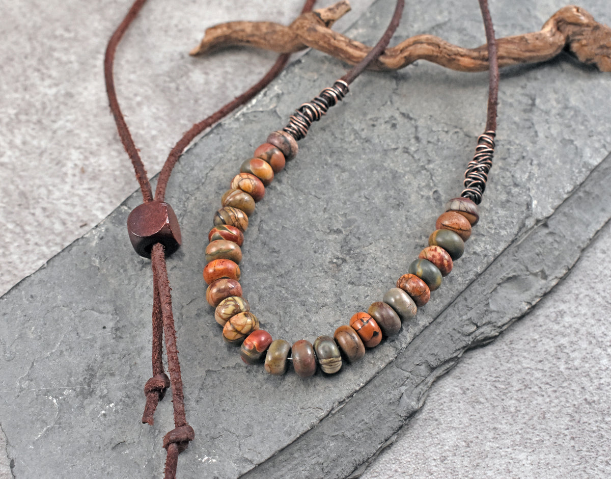 Red Creek Jasper, Leather and Copper Necklace, Natural Earthy Stone, Rustic Artisan Jewelry