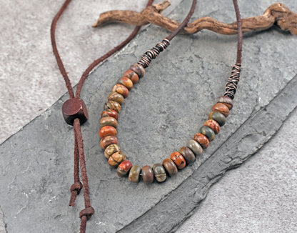 Red Creek Jasper, Leather and Copper Necklace, Natural Earthy Stone, Rustic Artisan Jewelry