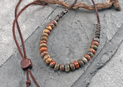 Red Creek Jasper, Leather and Copper Necklace, Natural Earthy Stone, Rustic Artisan Jewelry