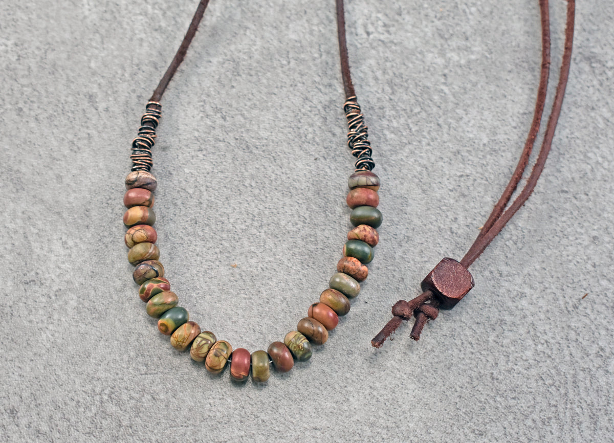 Red Creek Jasper, Leather and Copper Necklace, Natural Earthy Stone, Rustic Artisan Jewelry