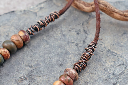 Red Creek Jasper, Leather and Copper Necklace, Natural Earthy Stone, Rustic Artisan Jewelry