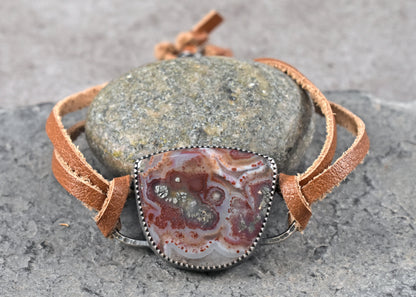 Red Marcasite, Sterling Silver and Leather Slider Bracelet, Rustic Artisan Silversmith Jewelry, Unique Agate Gemstone