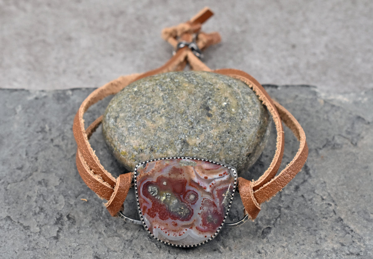 Red Marcasite, Sterling Silver and Leather Slider Bracelet, Rustic Artisan Silversmith Jewelry, Unique Agate Gemstone