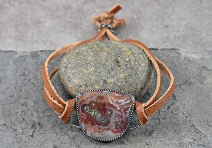 Red Marcasite, Sterling Silver and Leather Slider Bracelet, Rustic Artisan Silversmith Jewelry, Unique Agate Gemstone