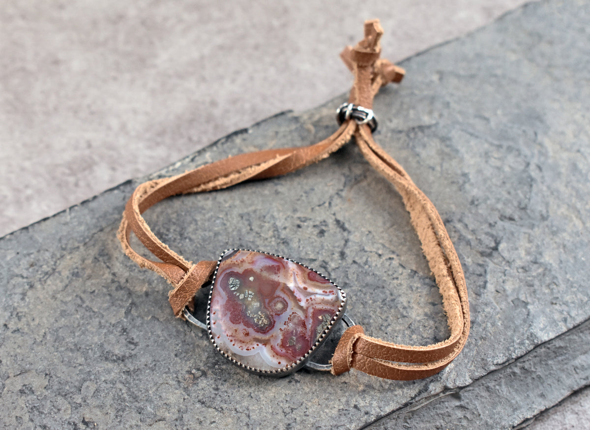 Red Marcasite, Sterling Silver and Leather Slider Bracelet, Rustic Artisan Silversmith Jewelry, Unique Agate Gemstone