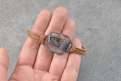 Red Marcasite, Sterling Silver and Leather Slider Bracelet, Rustic Artisan Silversmith Jewelry, Unique Agate Gemstone