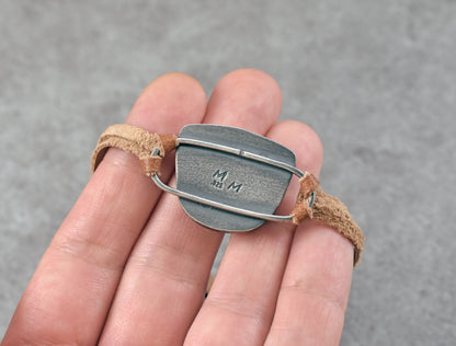 Red Marcasite, Sterling Silver and Leather Slider Bracelet, Rustic Artisan Silversmith Jewelry, Unique Agate Gemstone