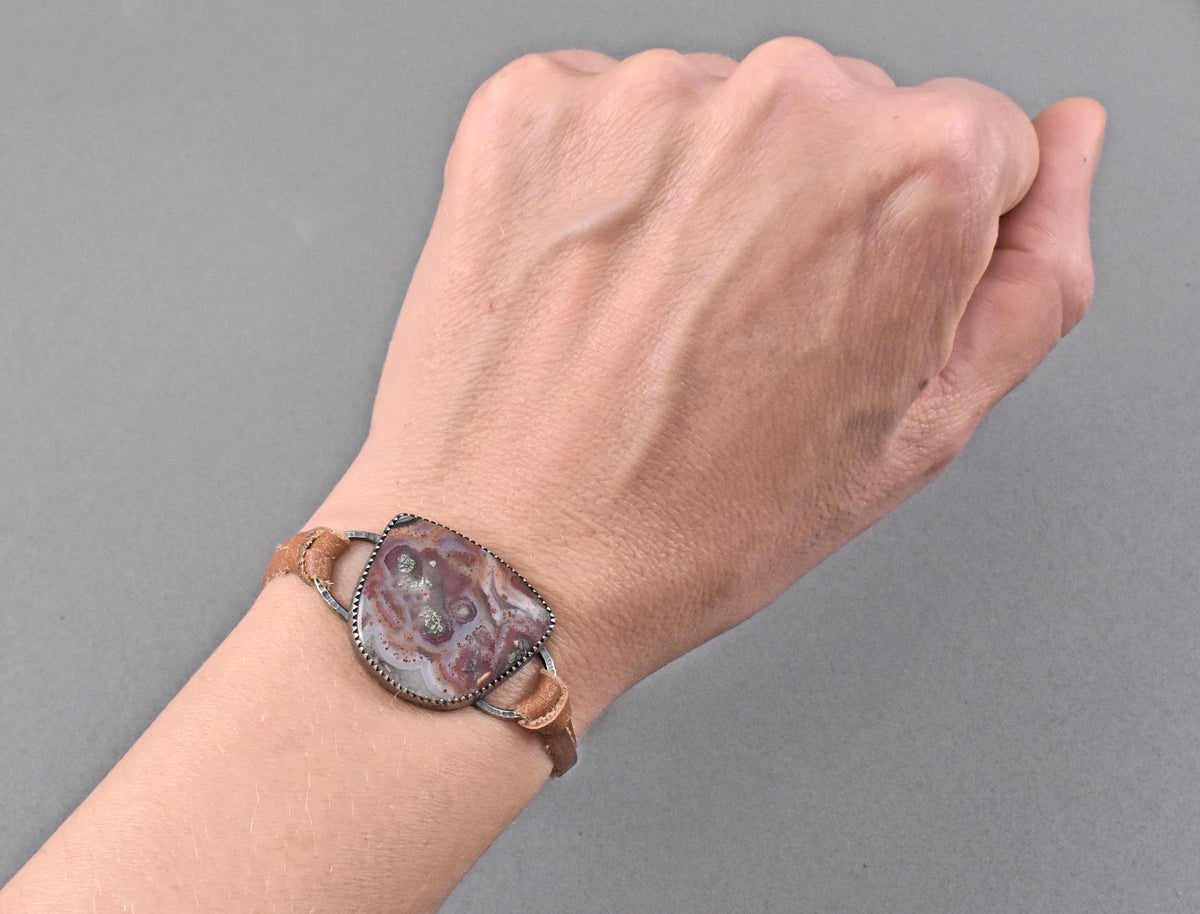 Red Marcasite, Sterling Silver and Leather Slider Bracelet, Rustic Artisan Silversmith Jewelry, Unique Agate Gemstone