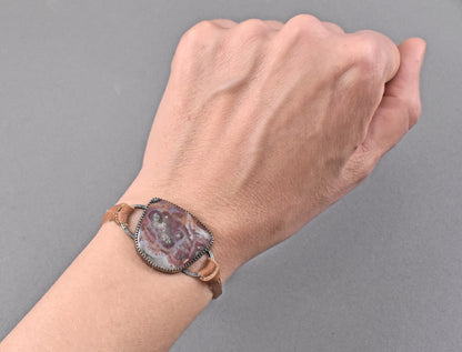 Red Marcasite, Sterling Silver and Leather Slider Bracelet, Rustic Artisan Silversmith Jewelry, Unique Agate Gemstone