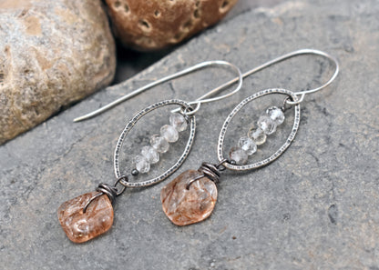 Red Rutile Quartz and Sterling Silver Artisan Earrings, Handmade Silversmith Jewelry