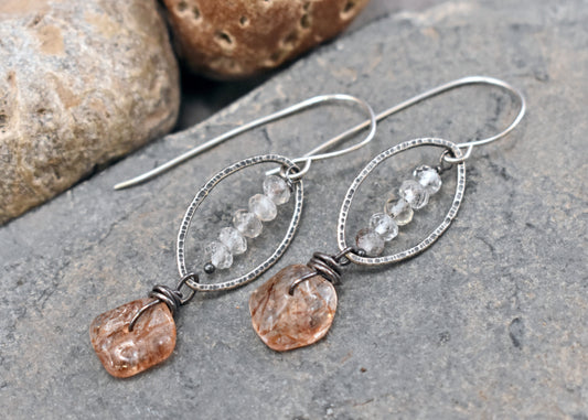 Red Rutile Quartz and Sterling Silver Artisan Earrings, Handmade Silversmith Jewelry