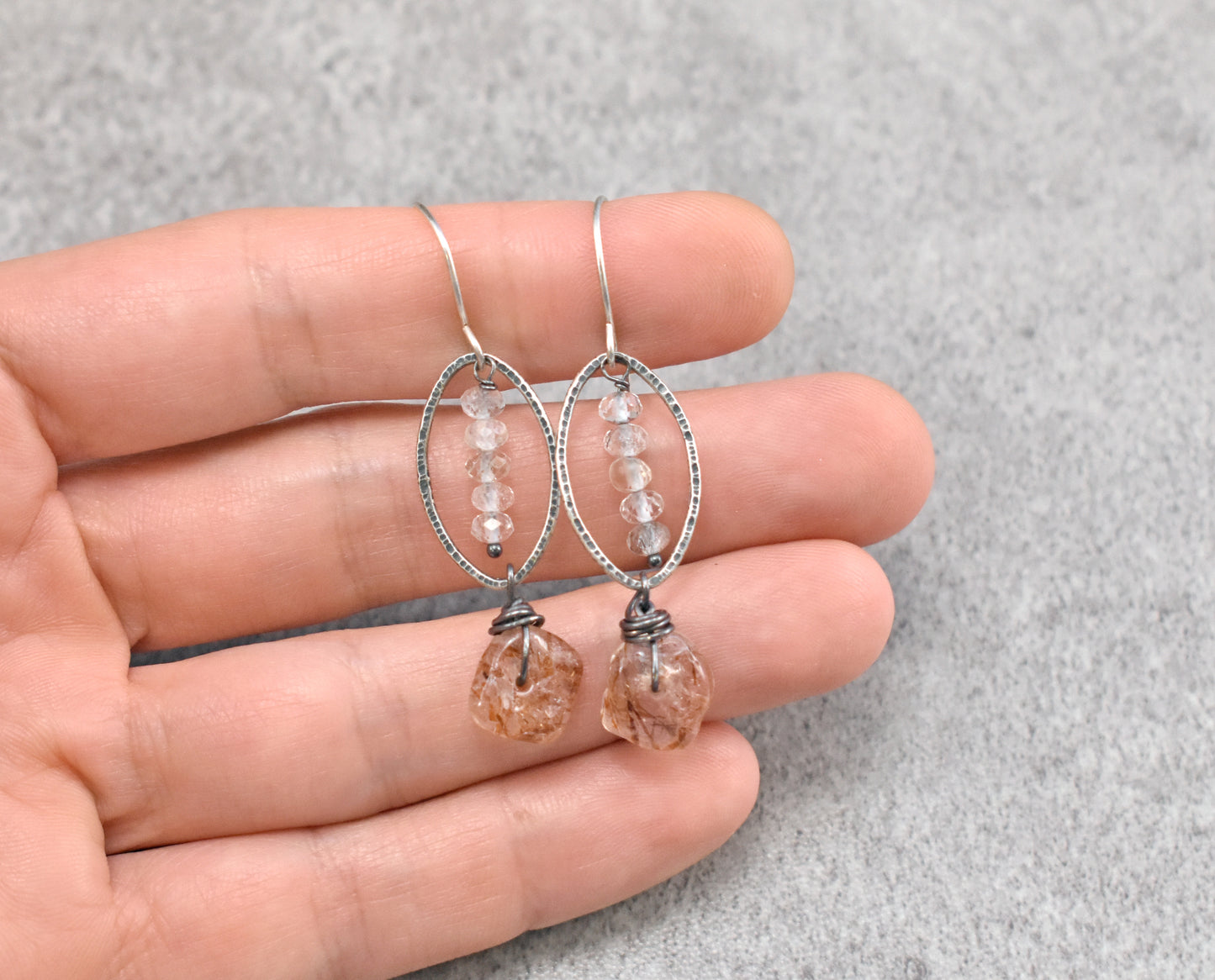 Red Rutile Quartz and Sterling Silver Artisan Earrings, Handmade Silversmith Jewelry