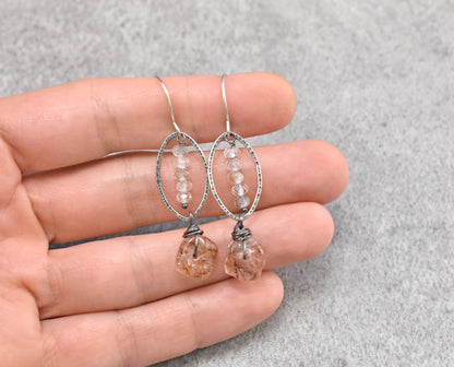 Red Rutile Quartz and Sterling Silver Artisan Earrings, Handmade Silversmith Jewelry