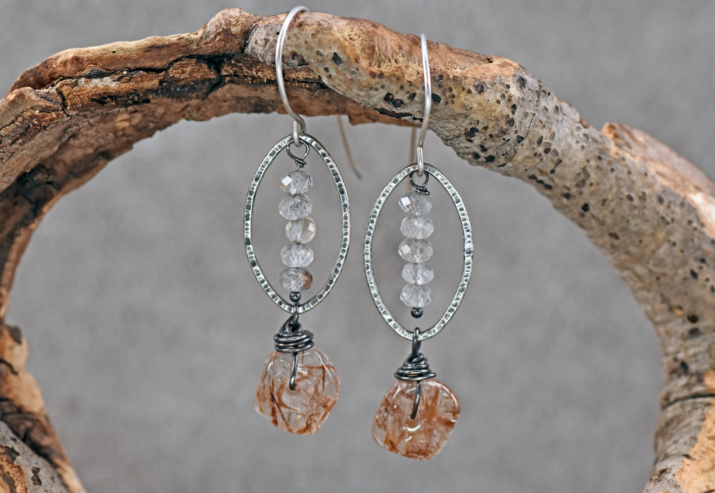Red Rutile Quartz and Sterling Silver Artisan Earrings, Handmade Silversmith Jewelry