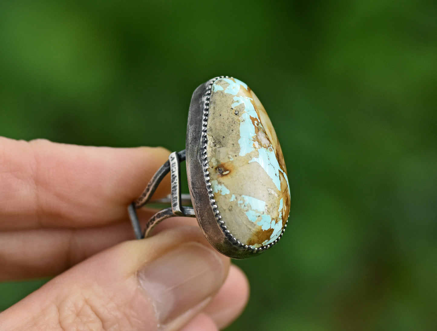 Royston Turquoise and Sterling Silver Wide Band Statement Ring, Size 9.5, Natural Gemstone, Organic Silversmith Jewelry