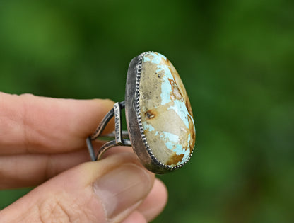 Royston Turquoise and Sterling Silver Wide Band Statement Ring, Size 9.5, Natural Gemstone, Organic Silversmith Jewelry