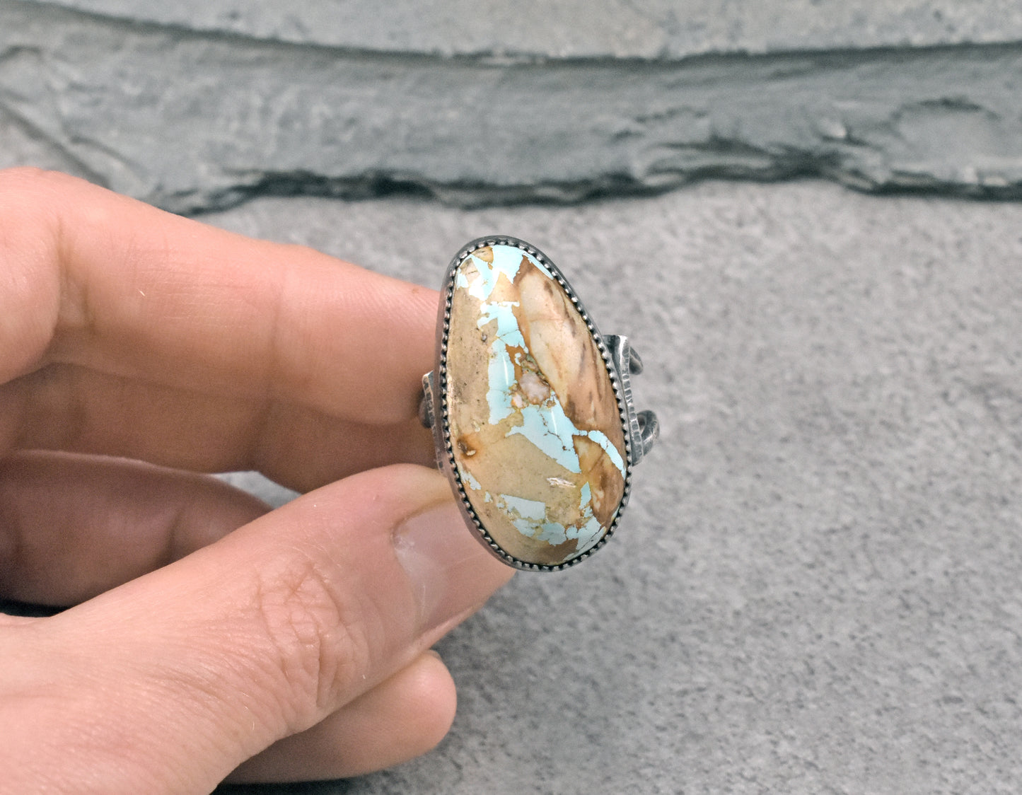 Royston Turquoise and Sterling Silver Wide Band Statement Ring, Size 9.5, Natural Gemstone, Organic Silversmith Jewelry