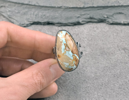 Royston Turquoise and Sterling Silver Wide Band Statement Ring, Size 9.5, Natural Gemstone, Organic Silversmith Jewelry