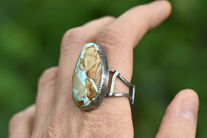 Royston Turquoise and Sterling Silver Wide Band Statement Ring, Size 9.5, Natural Gemstone, Organic Silversmith Jewelry