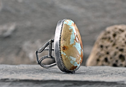 Royston Turquoise and Sterling Silver Wide Band Statement Ring, Size 9.5, Natural Gemstone, Organic Silversmith Jewelry