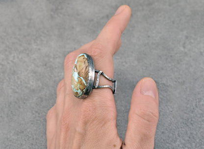 Royston Turquoise and Sterling Silver Wide Band Statement Ring, Size 9.5, Natural Gemstone, Organic Silversmith Jewelry