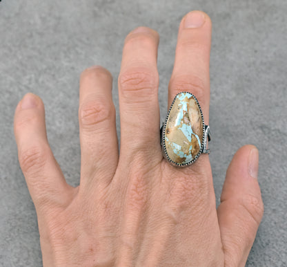 Royston Turquoise and Sterling Silver Wide Band Statement Ring, Size 9.5, Natural Gemstone, Organic Silversmith Jewelry