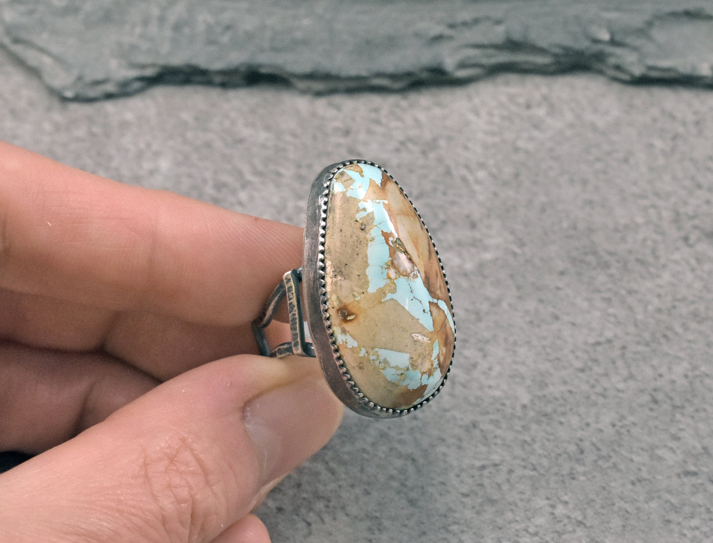 Royston Turquoise and Sterling Silver Wide Band Statement Ring, Size 9.5, Natural Gemstone, Organic Silversmith Jewelry